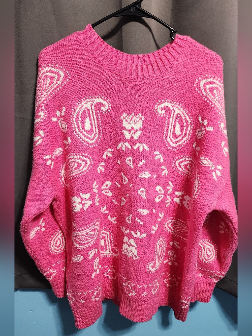 American Eagle Pink Oversized Bandana Paisley Knit Crewneck Sweater